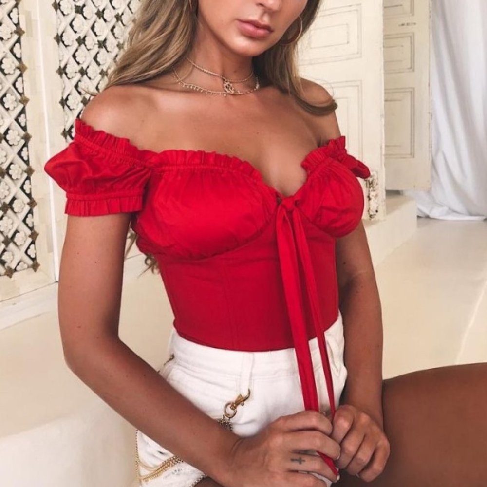 Milkmaid Blouse Ruffle Puff Sleeve Sexy Top Red